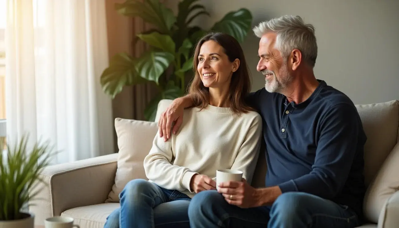 A midlife couple sit close on a sofa at home, smiling, cups of tea in hand